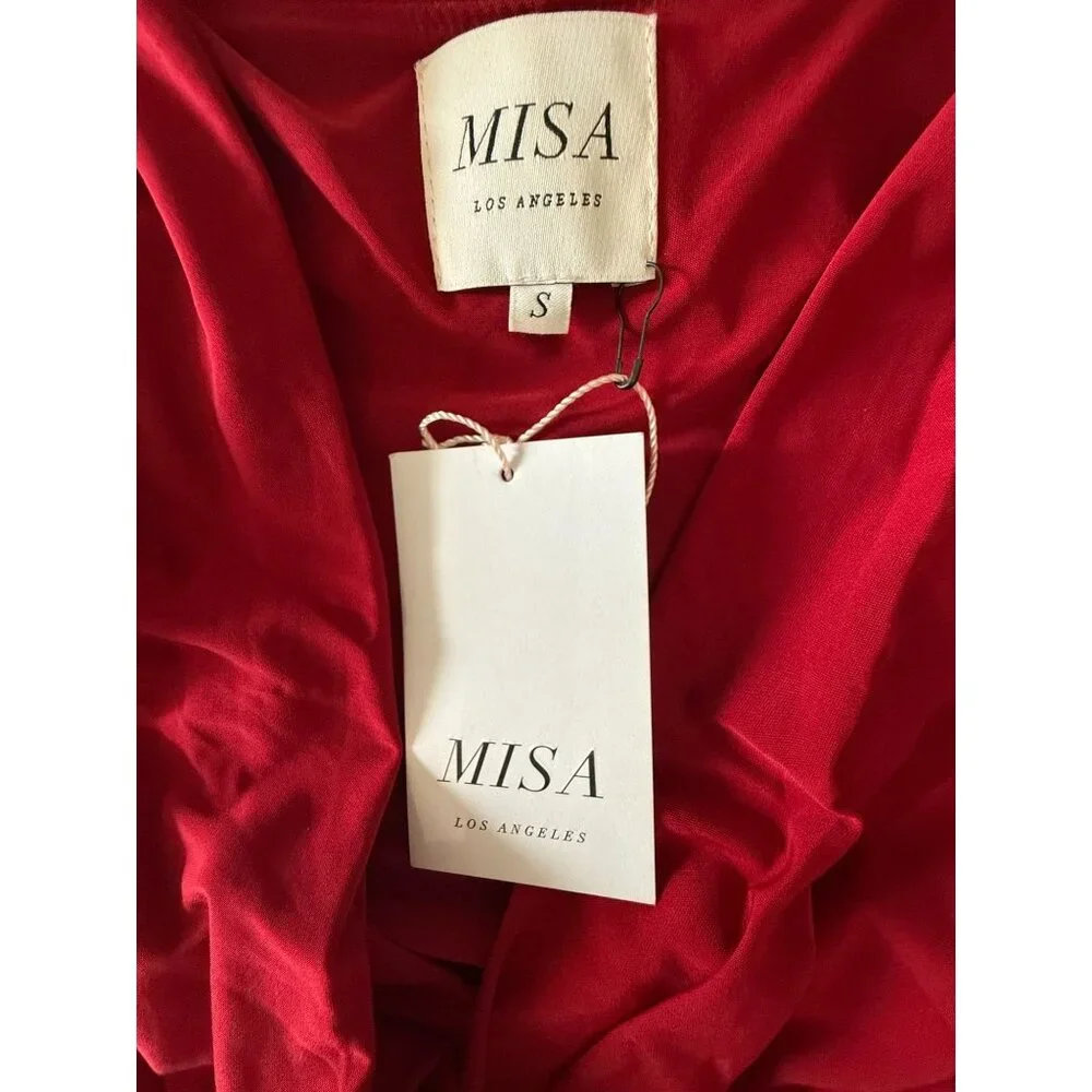 MISA Los Angeles Red Teget Dress Knot Front Bell Sleeves V Neck Draped Ruched‎ S - Picture 6 of 12